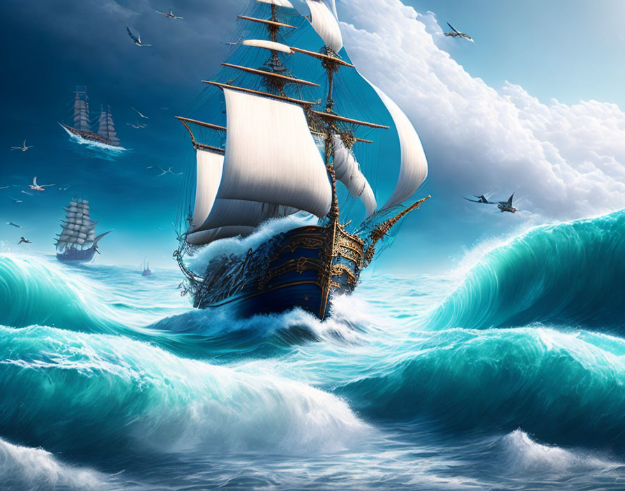 Majestic sailing ship on turbulent ocean waves with seagulls and dramatic sky