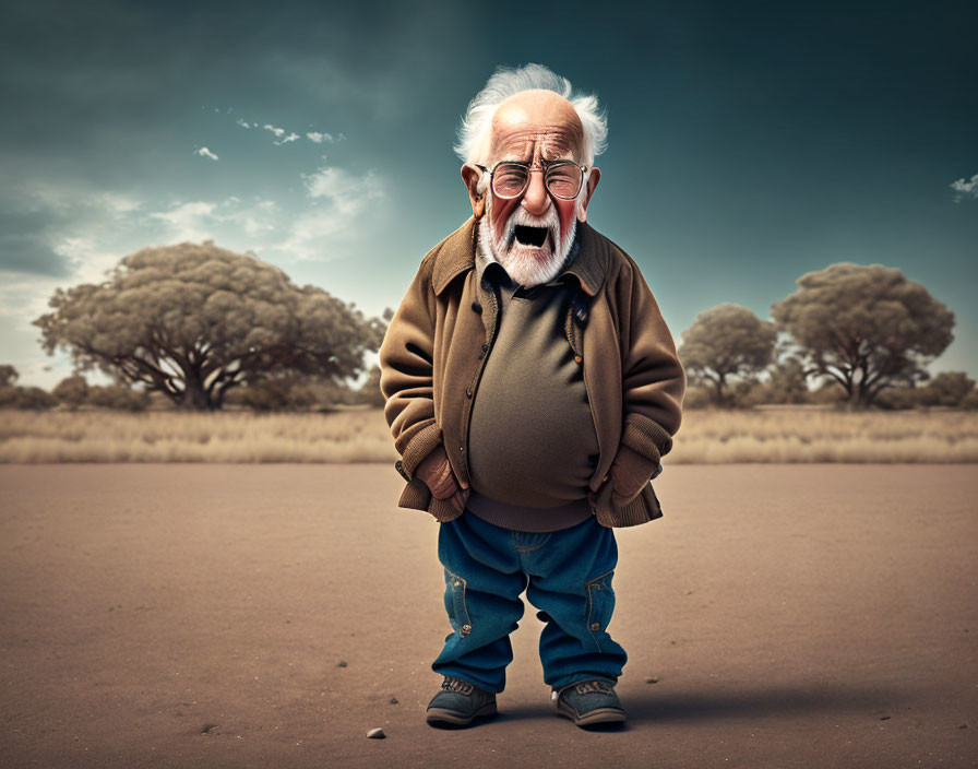 Elderly man with glasses in brown jacket and blue jeans under dramatic sky