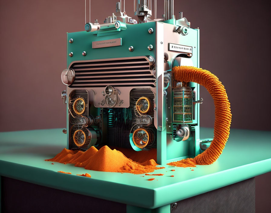 Intricate retro-futuristic machine on teal stand with orange sand spillage