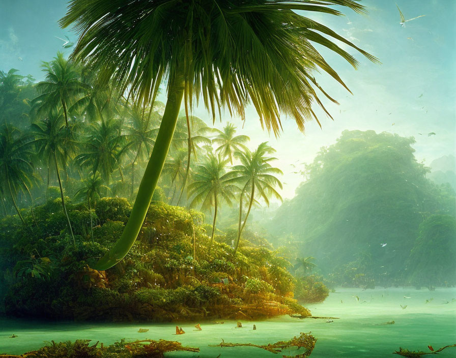 Tropical jungle with palm tree, hills, and misty water landscape