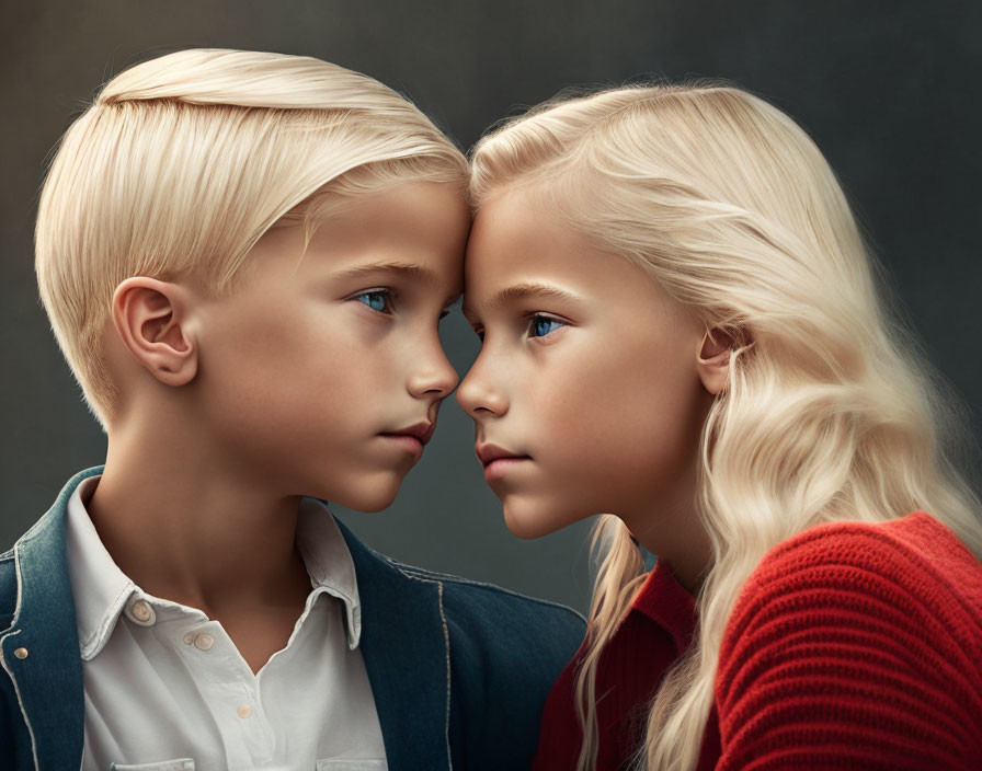 Blonde-Haired Children Touch Foreheads on Grey Background