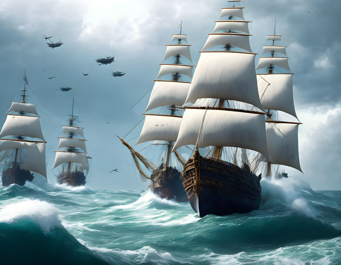 Sailing Ships and Airborne Vessels Amid Stormy Seas