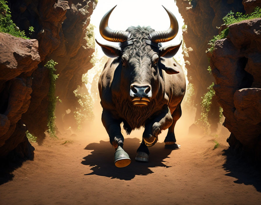 Majestic bull charging through rocky canyon walls