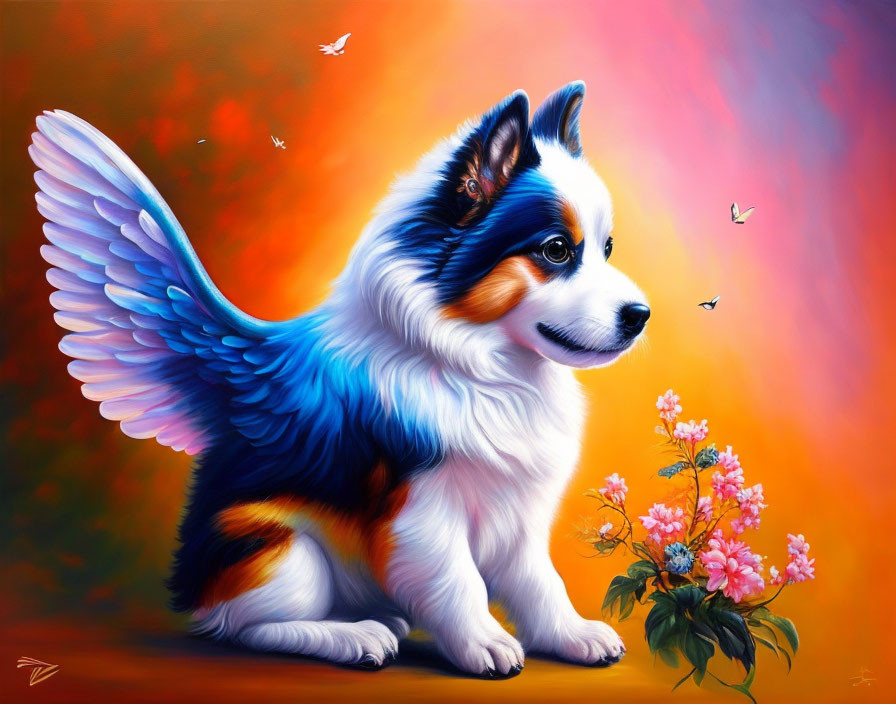 Fluffy dog with blue wings, pink flowers, butterflies, gradient background