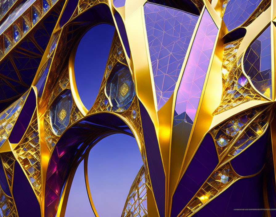 Golden and Purple Abstract Fractal Art with Geometric Patterns