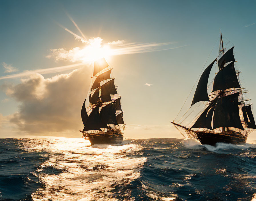 Sailing ships on rough seas at sunset.