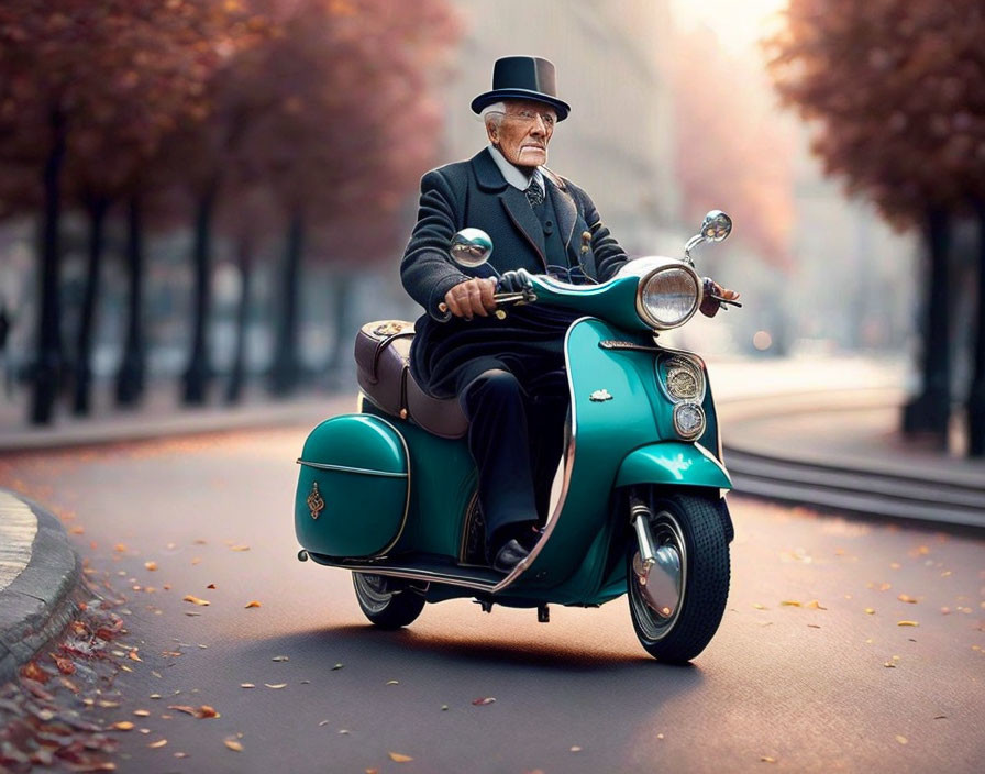 Elderly Man in Suit and Hat Riding Teal Scooter on Tree-Lined Street