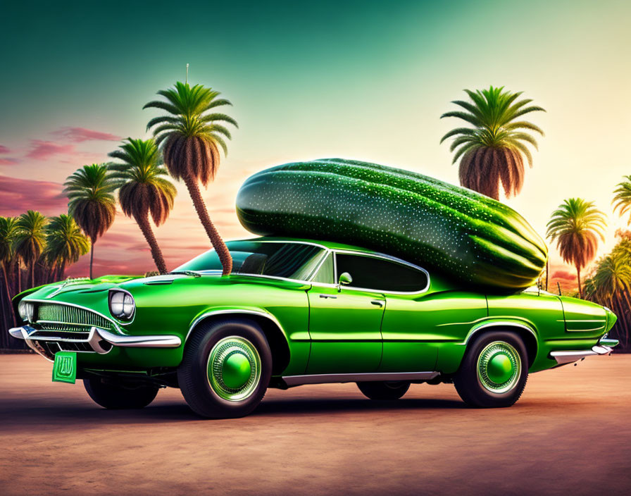 Vintage green car with giant pickle under sunset-lit palm trees