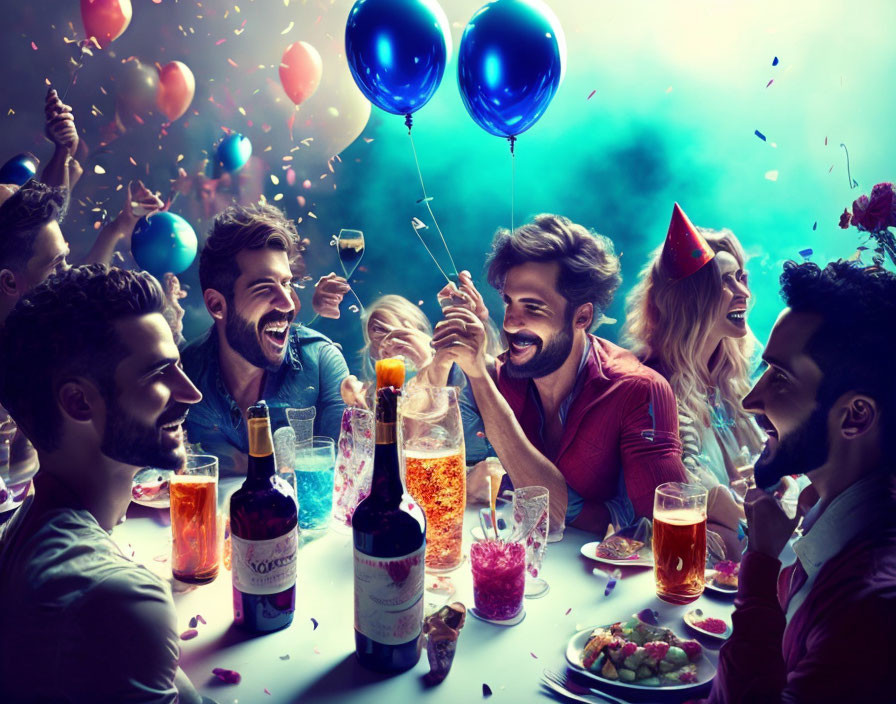 Colorful celebration with drinks, balloons, and confetti