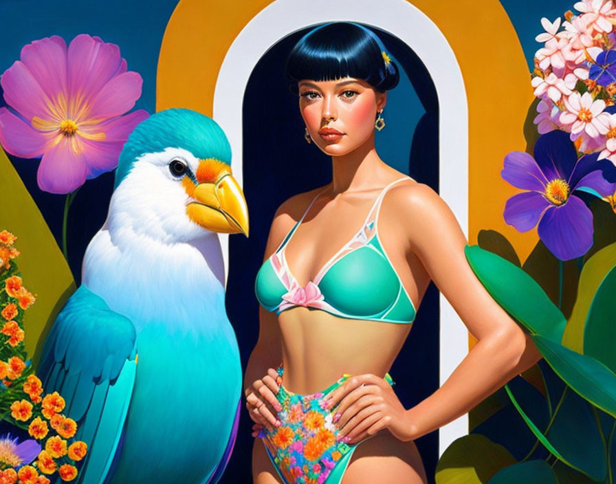 Colorful woman with blue hair and bird in vibrant illustration.