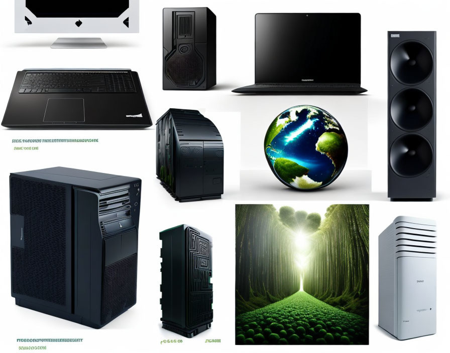 Assorted computer hardware collage with globe and forest background