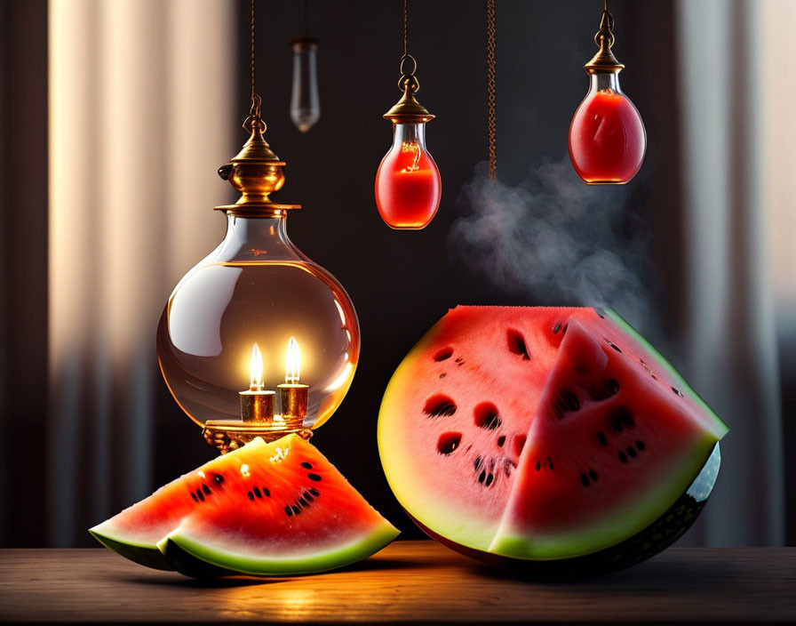 Vintage oil lamp, red lanterns, and watermelon on wooden surface.