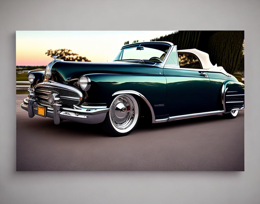 Vintage Black Convertible Car with White-Wall Tires at Sunset