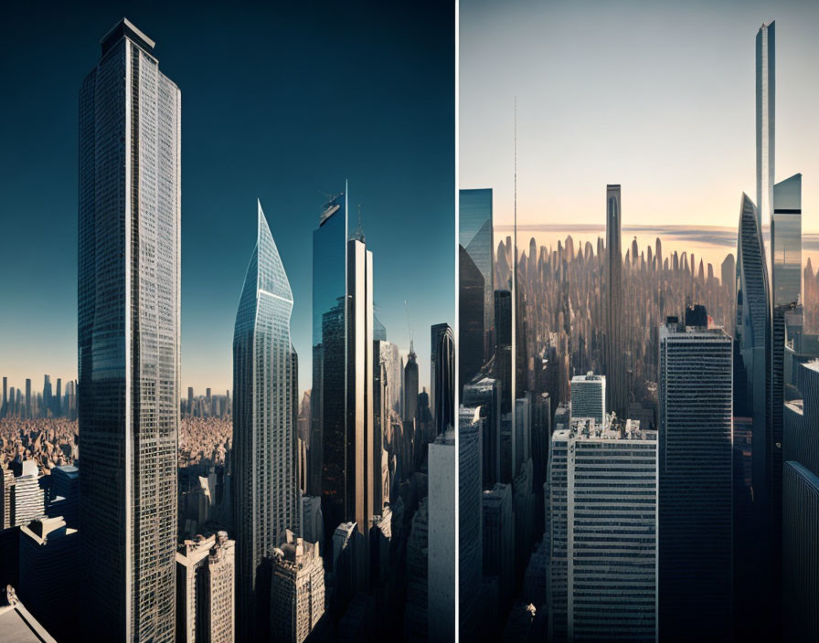 Diptych of Skyscrapers: Single Tower & Urban Skyline at Sunset