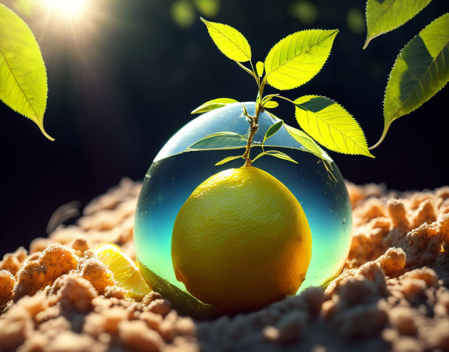 Young plant sprouting from lemon in transparent bubble on soil, backlit by sun