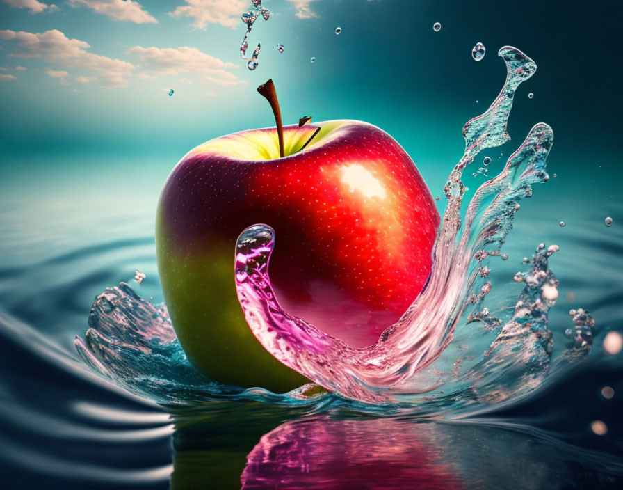 Colorful apple surrounded by water splashes under blue sky