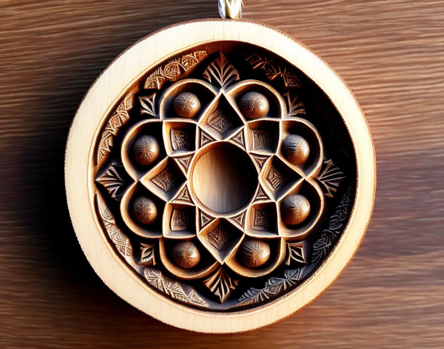 Intricate Geometric Wooden Ornament on Wood Grain Background