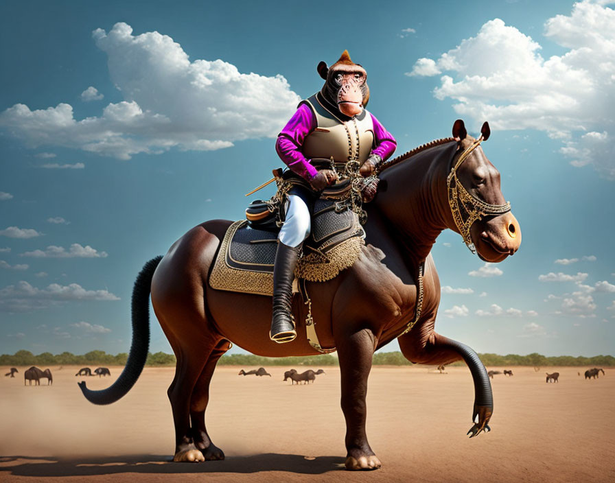 Digitally manipulated image of hippopotamus as medieval knight on horse in desert.