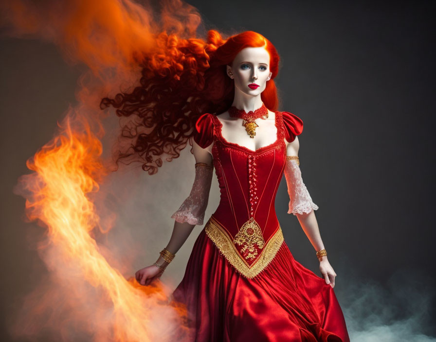 Red-haired woman in elegant dress with golden embroidery and fiery backdrop.