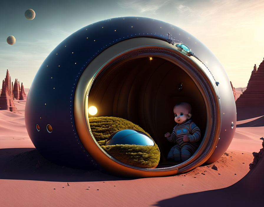 Baby in Spacesuit Inside Futuristic Pod Amidst Desert Landscape