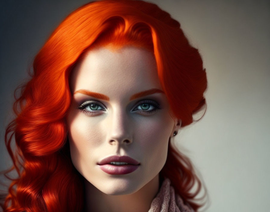 Vibrant red-haired woman with striking blue eyes on dark background