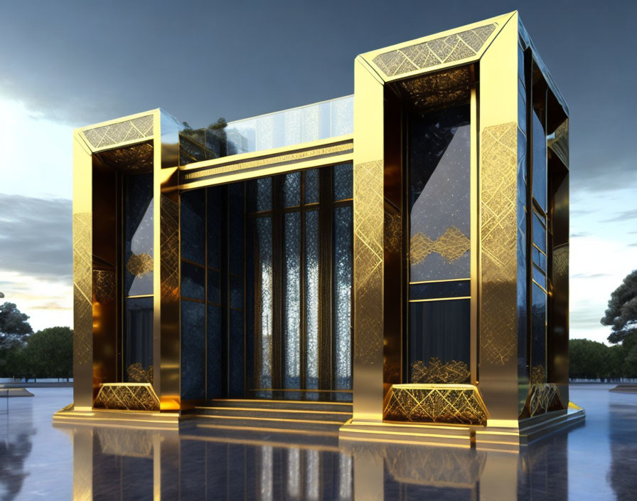 Geometric modern building with gold accents against dusky sky and trees