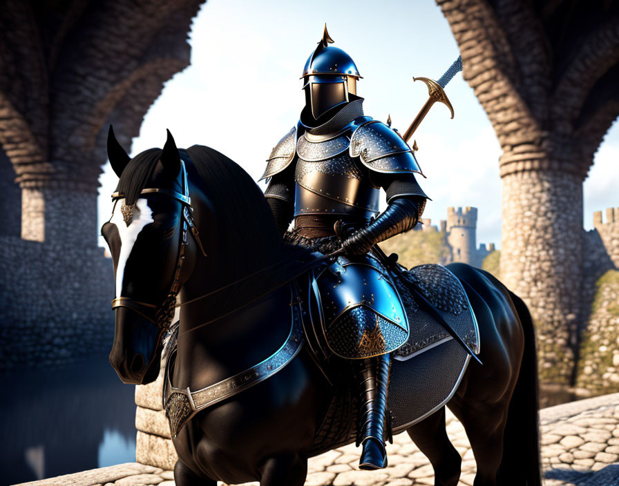 Knight in Shining Armor on Black Horse with Blue and Steel Regalia on Stone Bridge with Castle Towers