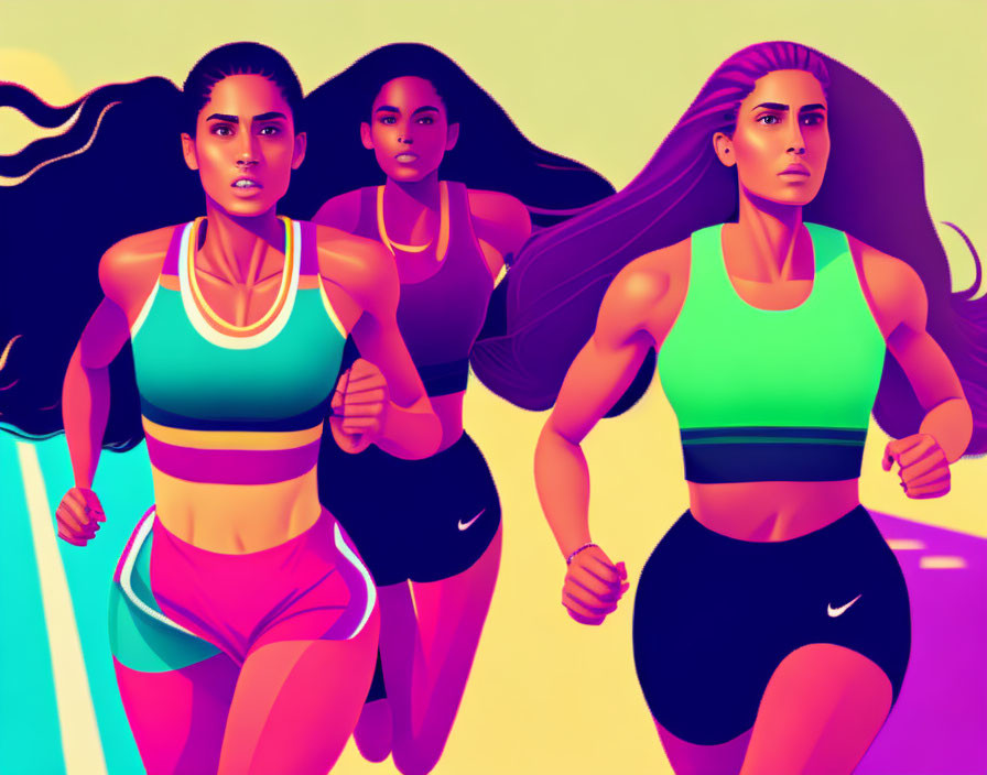 running women, in sports clothes, long flowing