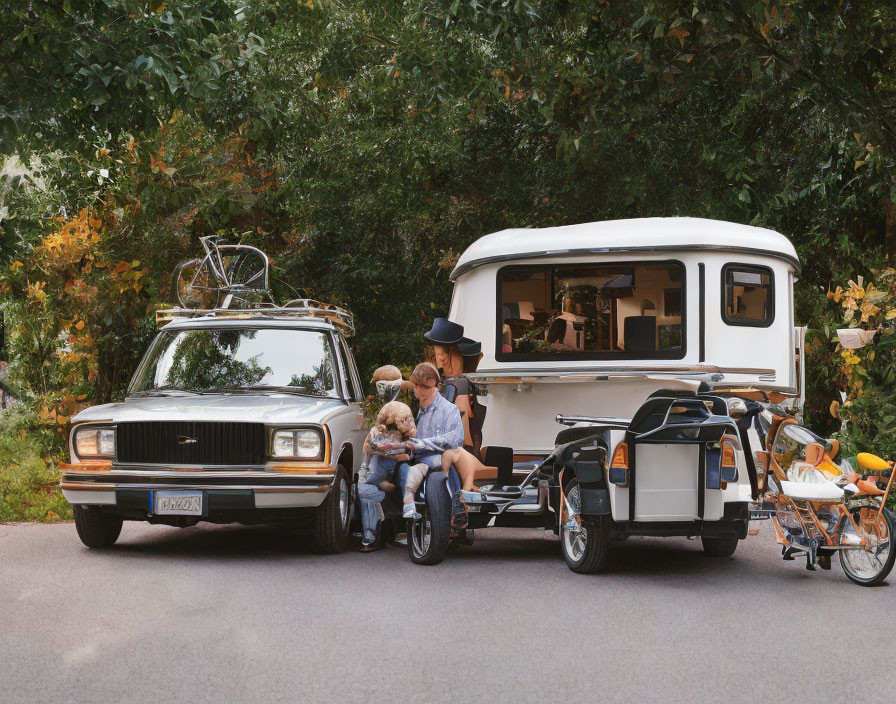 Family on Roadside Break with Classic Car, Caravan, Bicycles, and Motorcycle Trailer