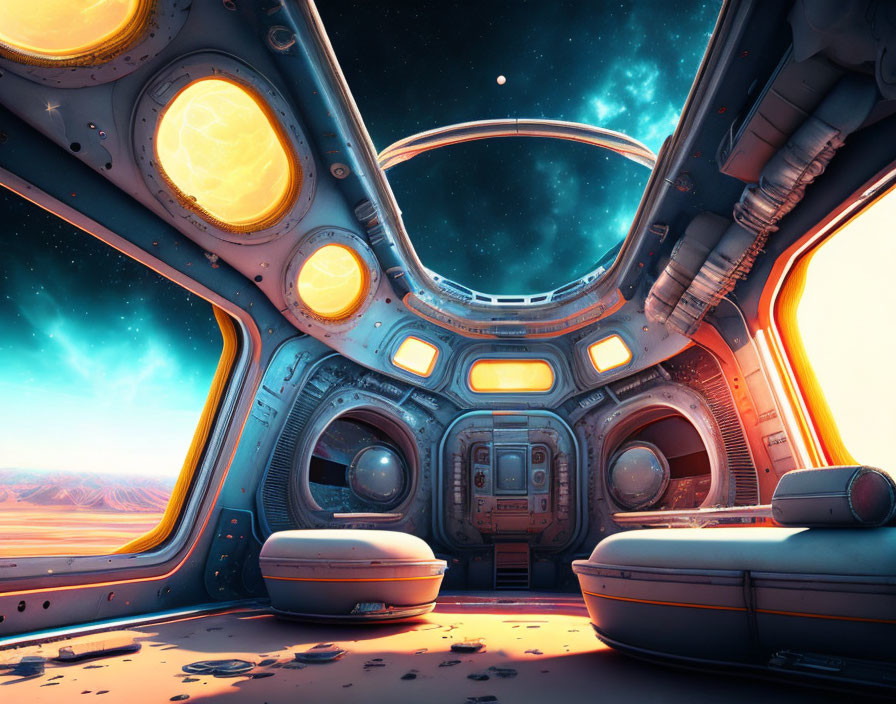 Futuristic spacecraft interior with large windows showing desert landscape and celestial bodies