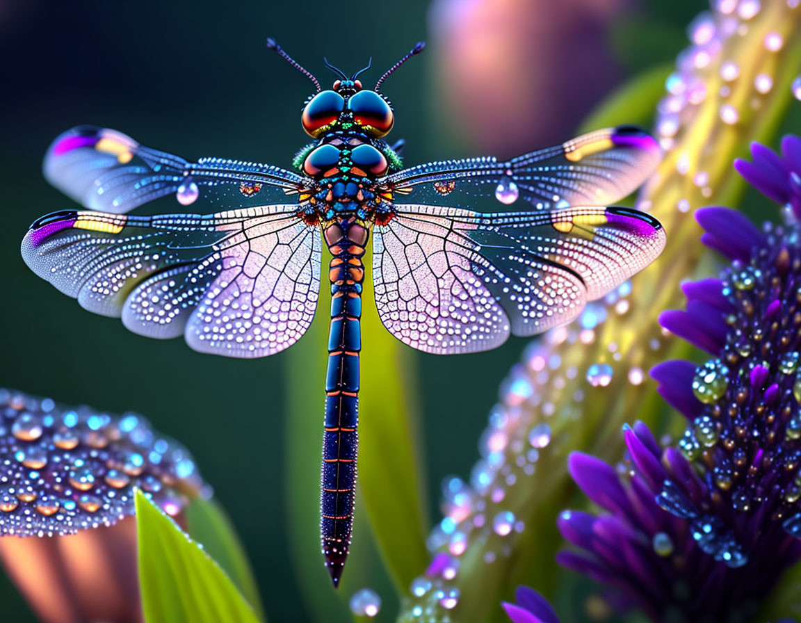 Colorful Dragonfly Resting on Leaf in Dewy Flora