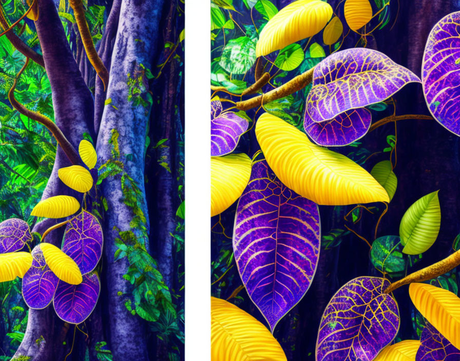 Colorful Leaves with Purple Veins Against Lush Forest Backdrop