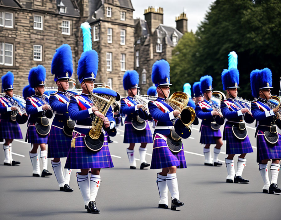 Scottish marching band in tartan kilts and shakos playing brass instruments