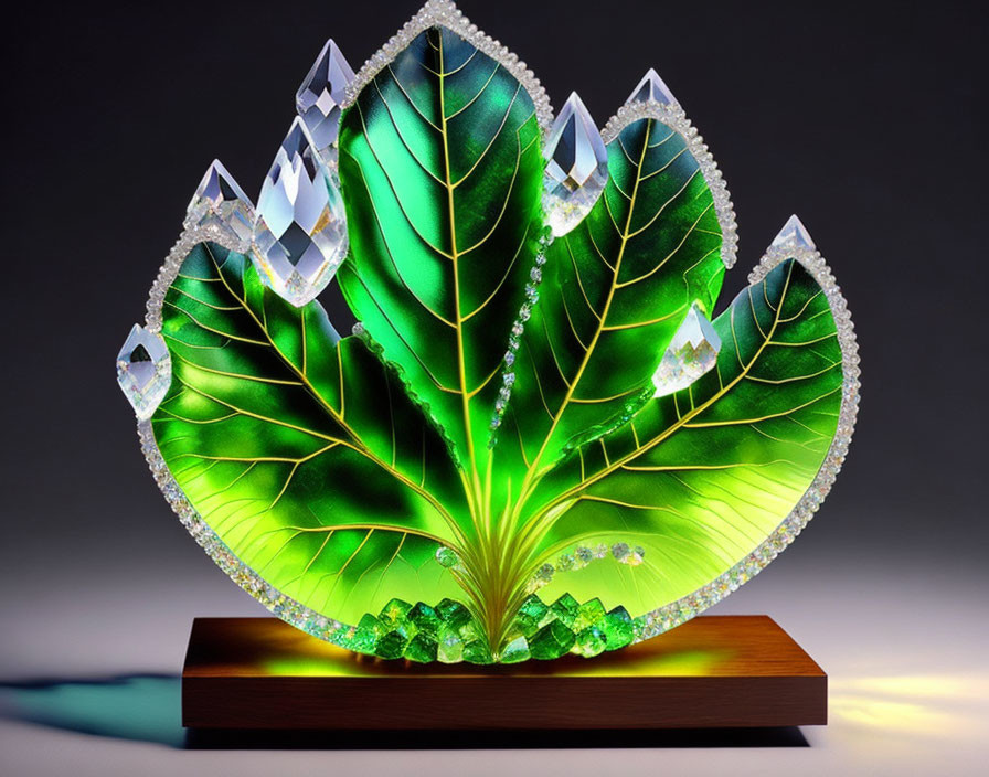 Translucent green leaf decor with crystal accents on wooden base