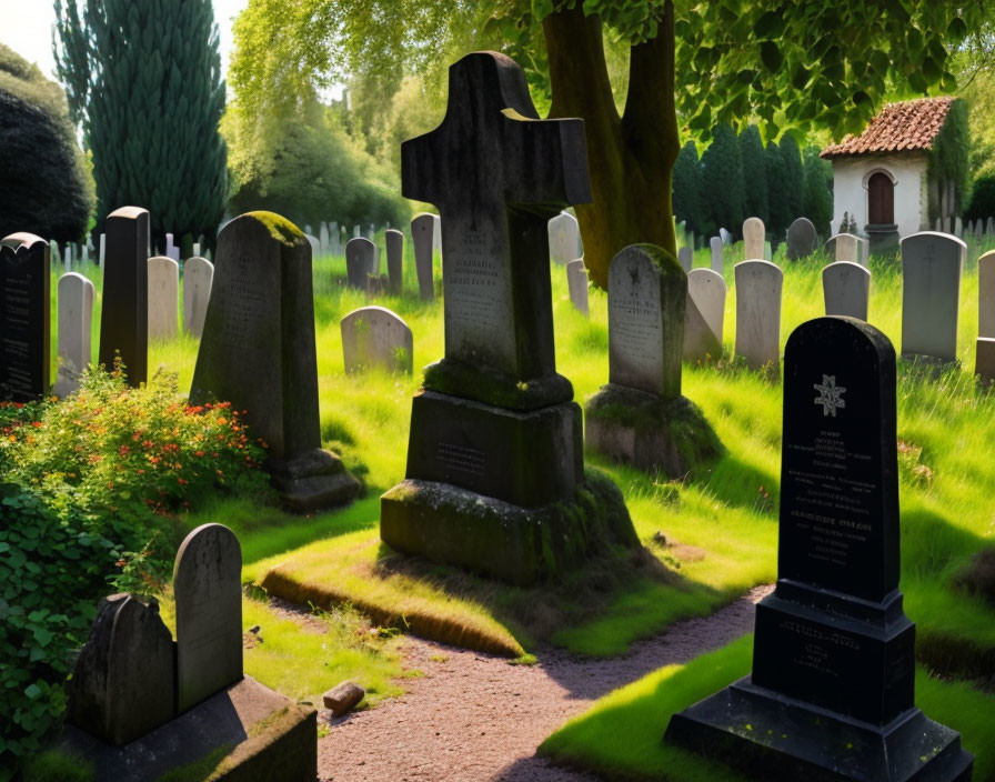 Tranquil cemetery with diverse tombstones and greenery in soft sunlight