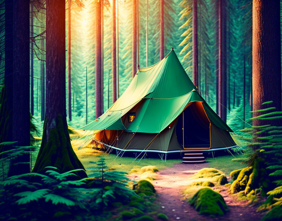 Green tent in serene forest with sun rays through pine trees.