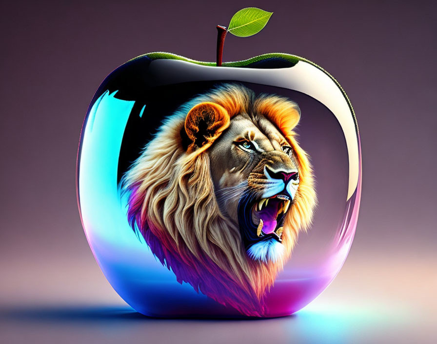 Stylized roaring lion face on glossy apple against purple background