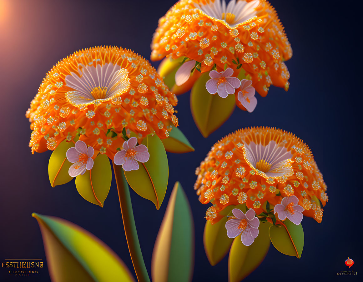 Vibrant orange blossoms with white flowers and jeweled textures on soft-focused background