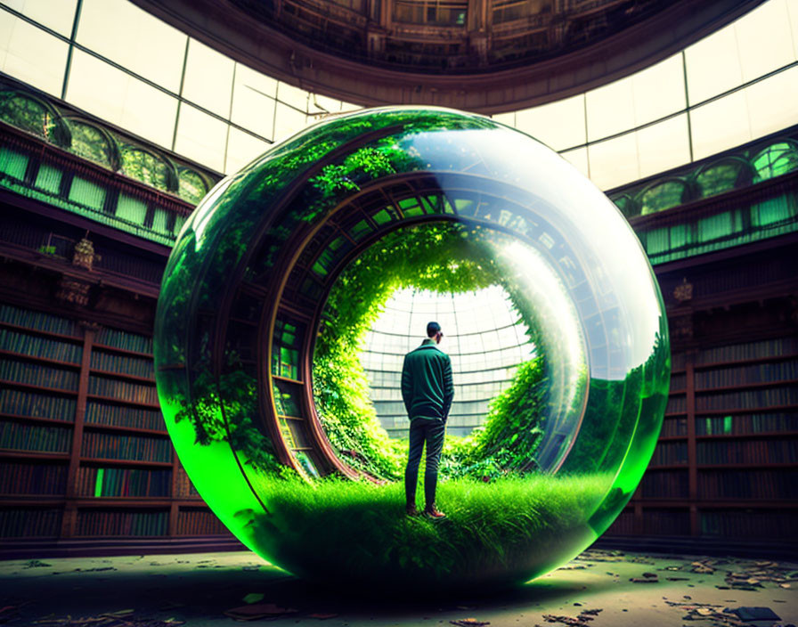 Person in transparent sphere surrounded by lush greenery in library dome.