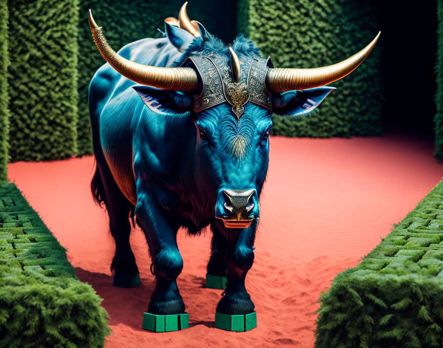 Stylized digital artwork: Blue bull with ornate horns on red carpet