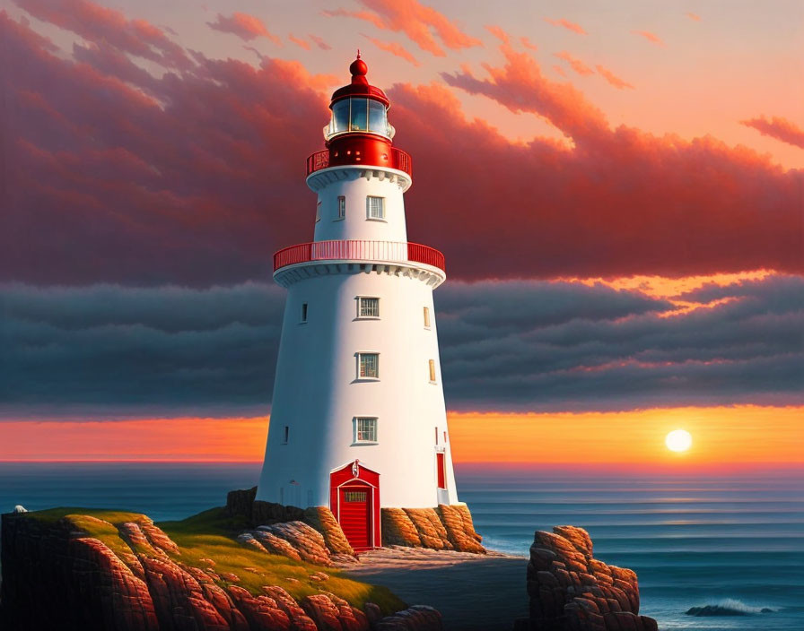 Scenic sunset with orange and pink hues behind white lighthouse on rocky coastline