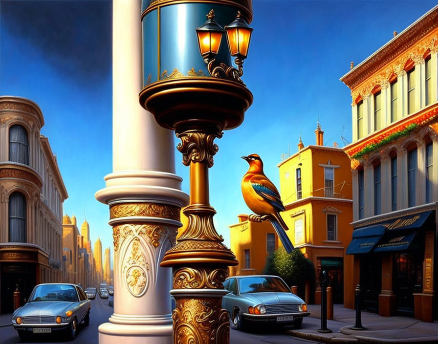 Ornate street lamp with bird overlooking vibrant cityscape