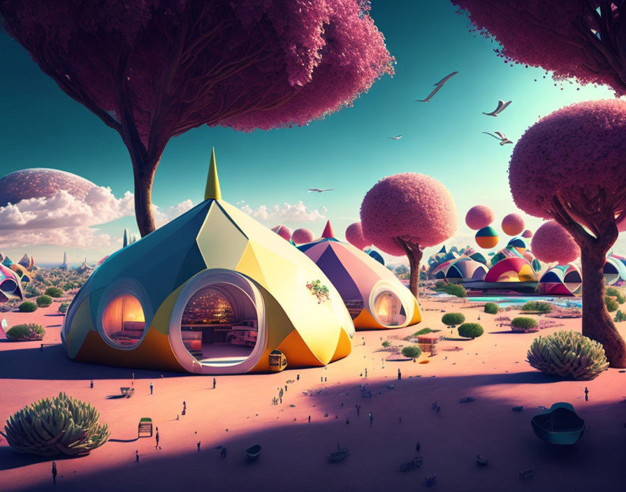 Colorful Whimsical Landscape with Futuristic Domed Structures