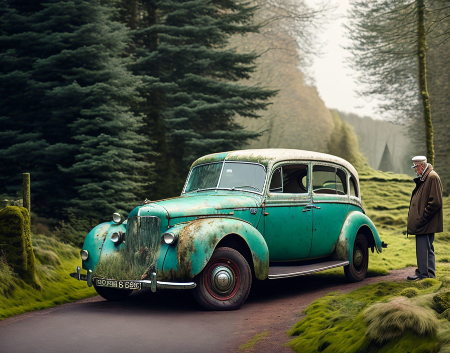 Elderly man near vintage turquoise car in forest setting