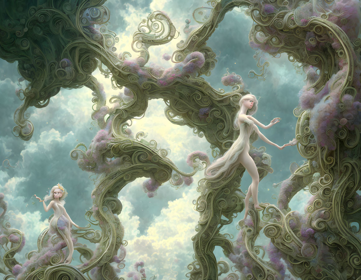 Ethereal female figures in swirling cloud-like structures