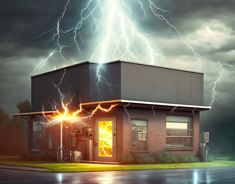 Modern House at Dusk with Lightning Strikes Illuminating Doorway