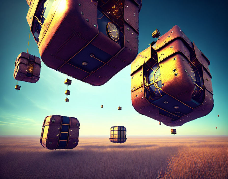 Intricately designed cubes above desert landscape at sunset