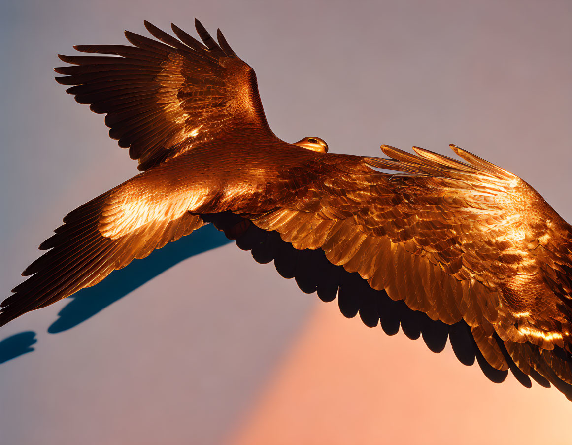 Majestic eagle flying in warm backlight with detailed feathers