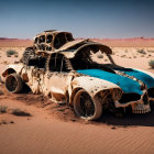 Vintage car half-buried in desert sand under clear blue sky