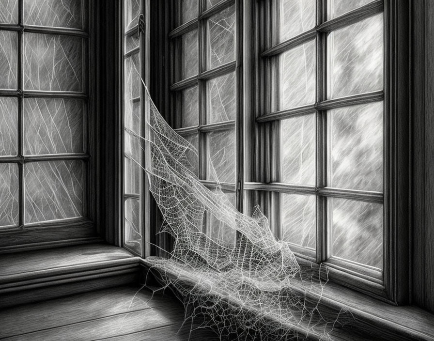 Monochrome photo of cobweb-covered corner with light and shadows